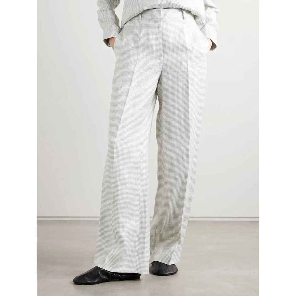 Theory Classic Straight Houndstooth Linen Trousers Sz 8 Gray Quiet Luxury Career